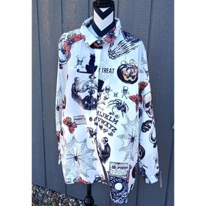 Vtg Style Women's Button Up Halloween seance Ouija skull blouse Sz 24‎